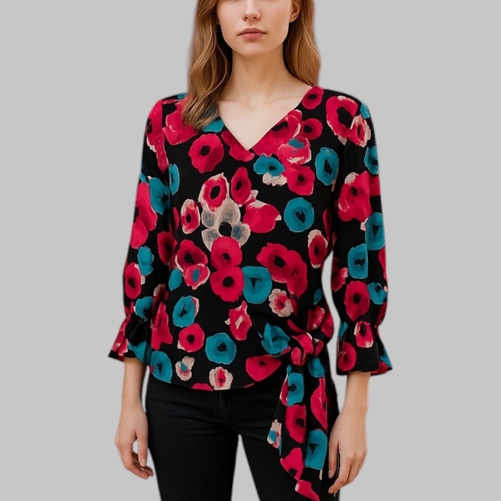 Juicy Couture Floral Blouse‎ V-Neck Tie Knot 3/4 Sleeve Top XS